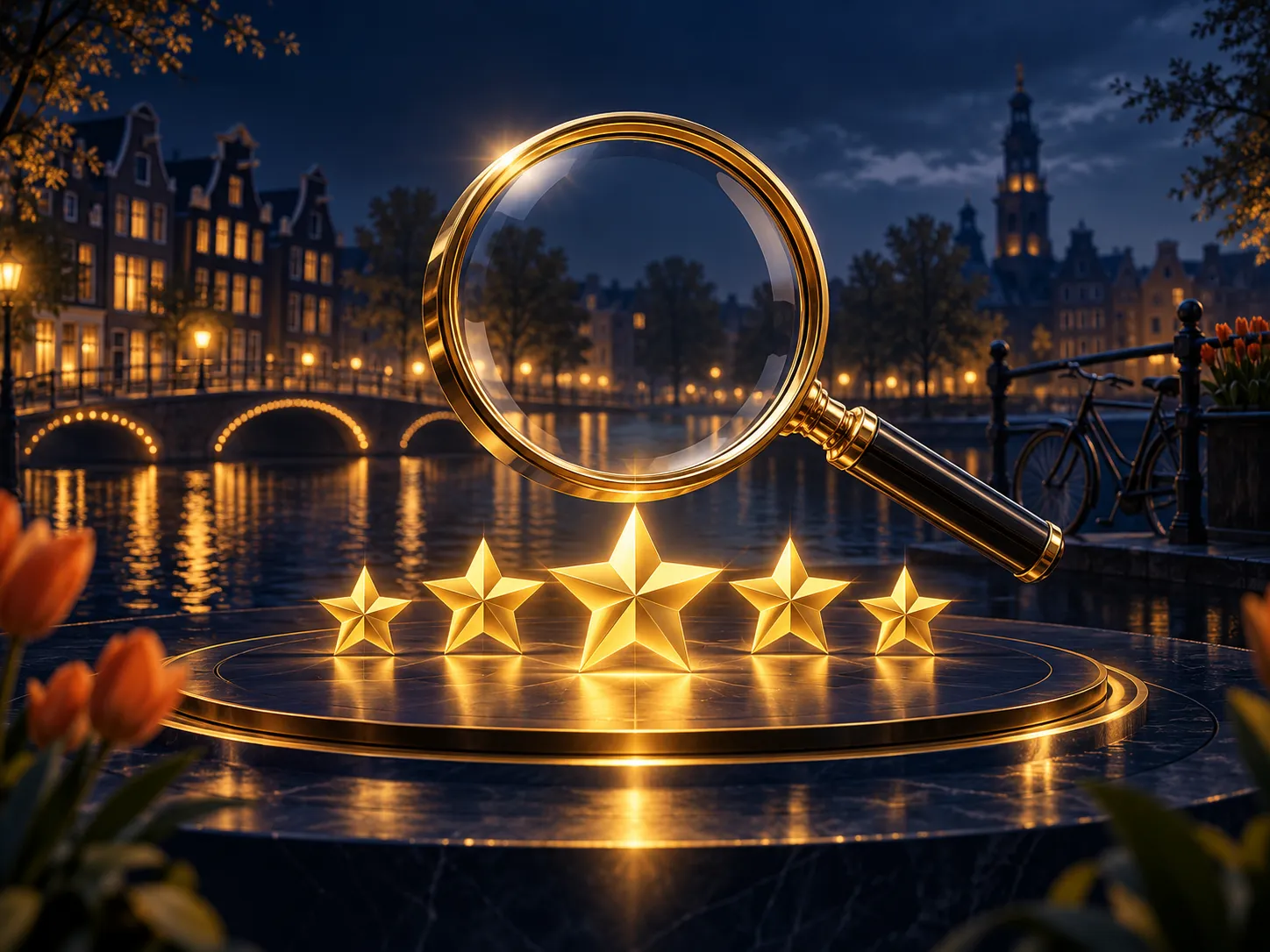Luxurious magnifying glass hovering over a golden star rating against a deep navy background with subtle Dutch canal-house ac