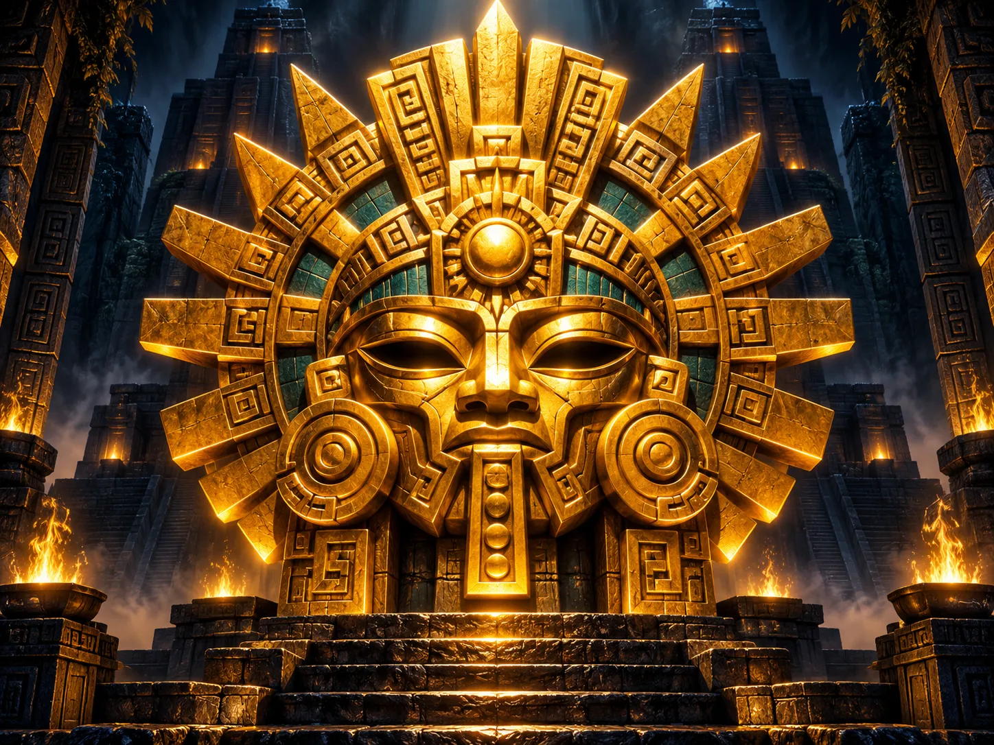 Glowing golden Mayan sun god mask centred against a dark navy-charcoal temple backdrop with dramatic cinematic lighting