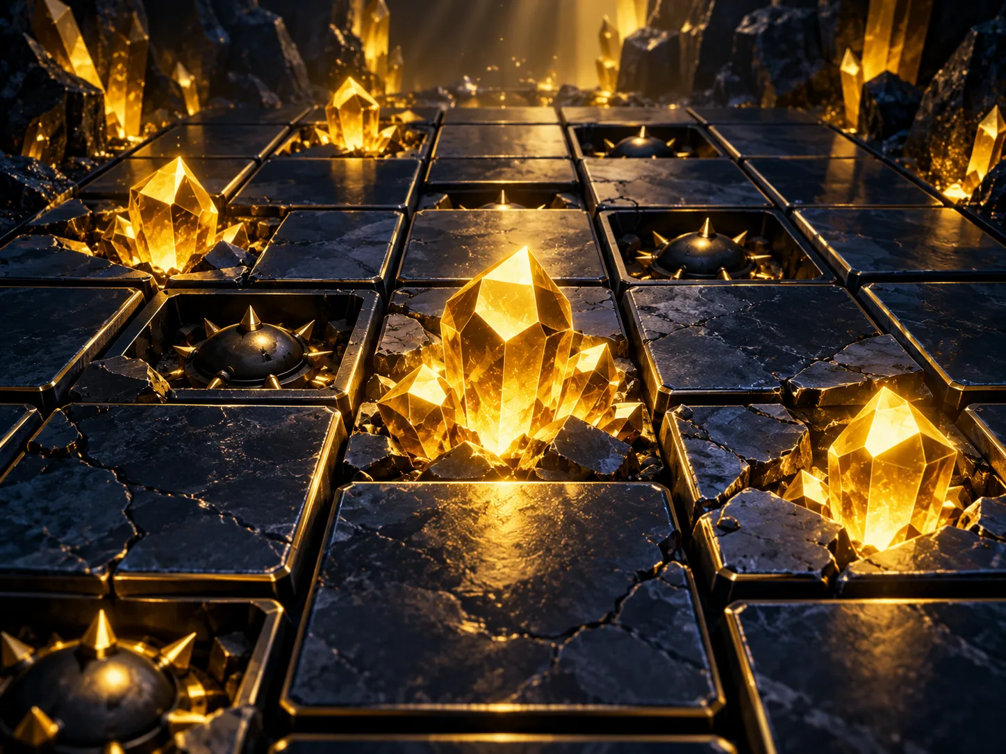 Dramatic 3D render of a dark navy grid of glossy tiles with glowing gold gems and hidden mines, cinematic casino game art
