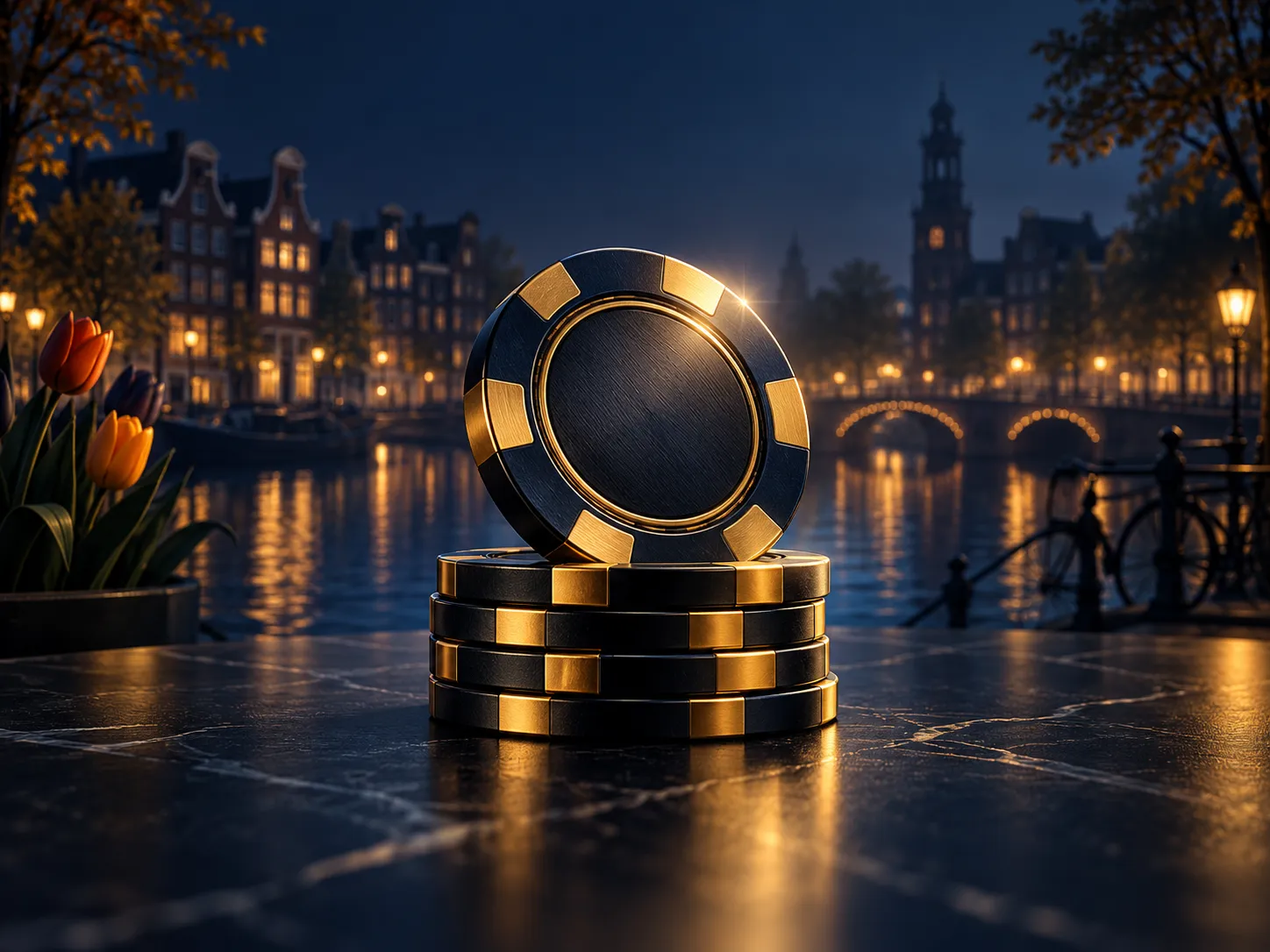 A minimal stack of luxurious gold poker chips on a deep navy background with soft cinematic lighting and subtle Dutch canal-h