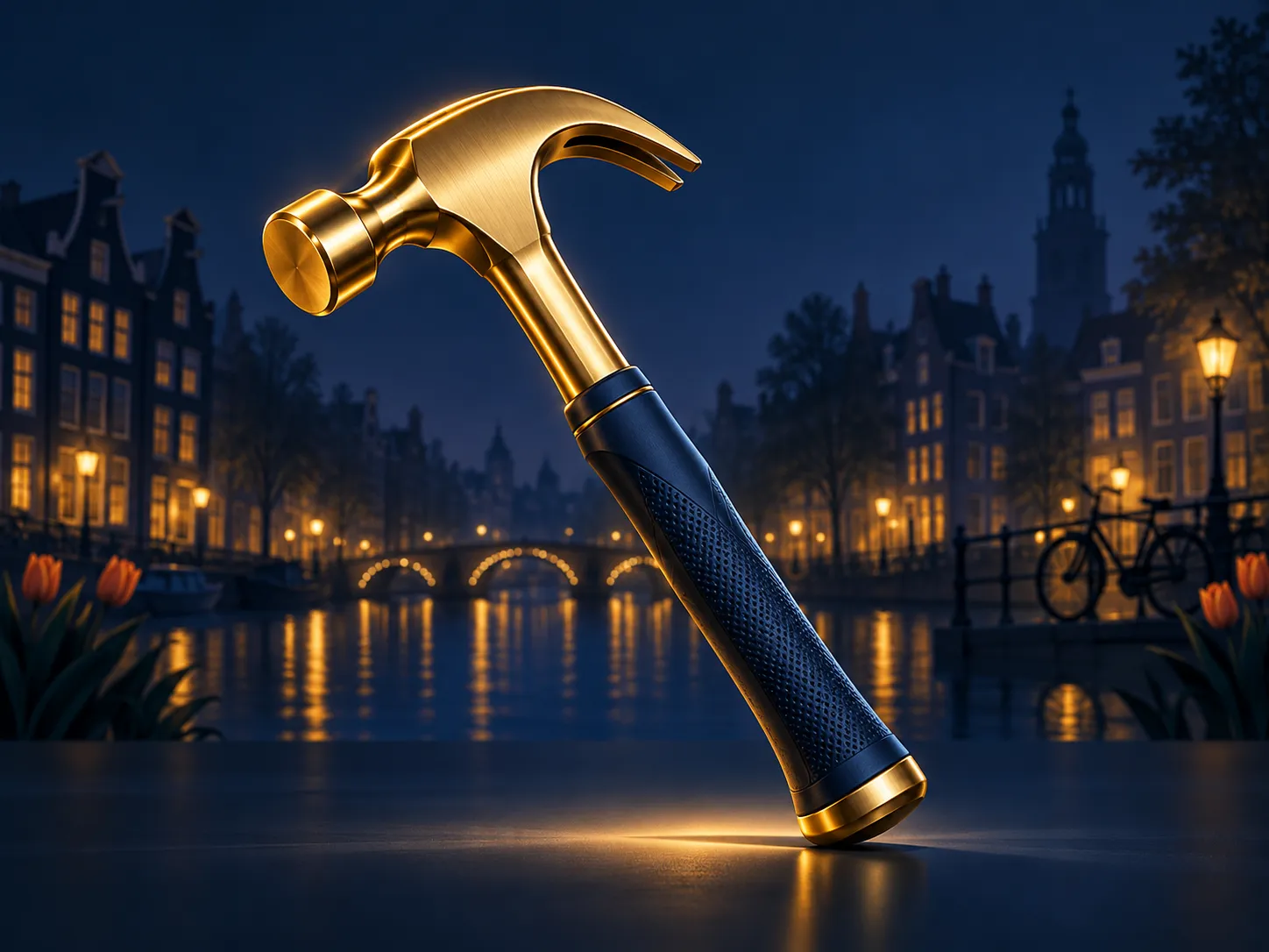 Luxurious semi-realistic digital painting of a minimalist hammer with gold highlights on deep navy background with subtle Dut