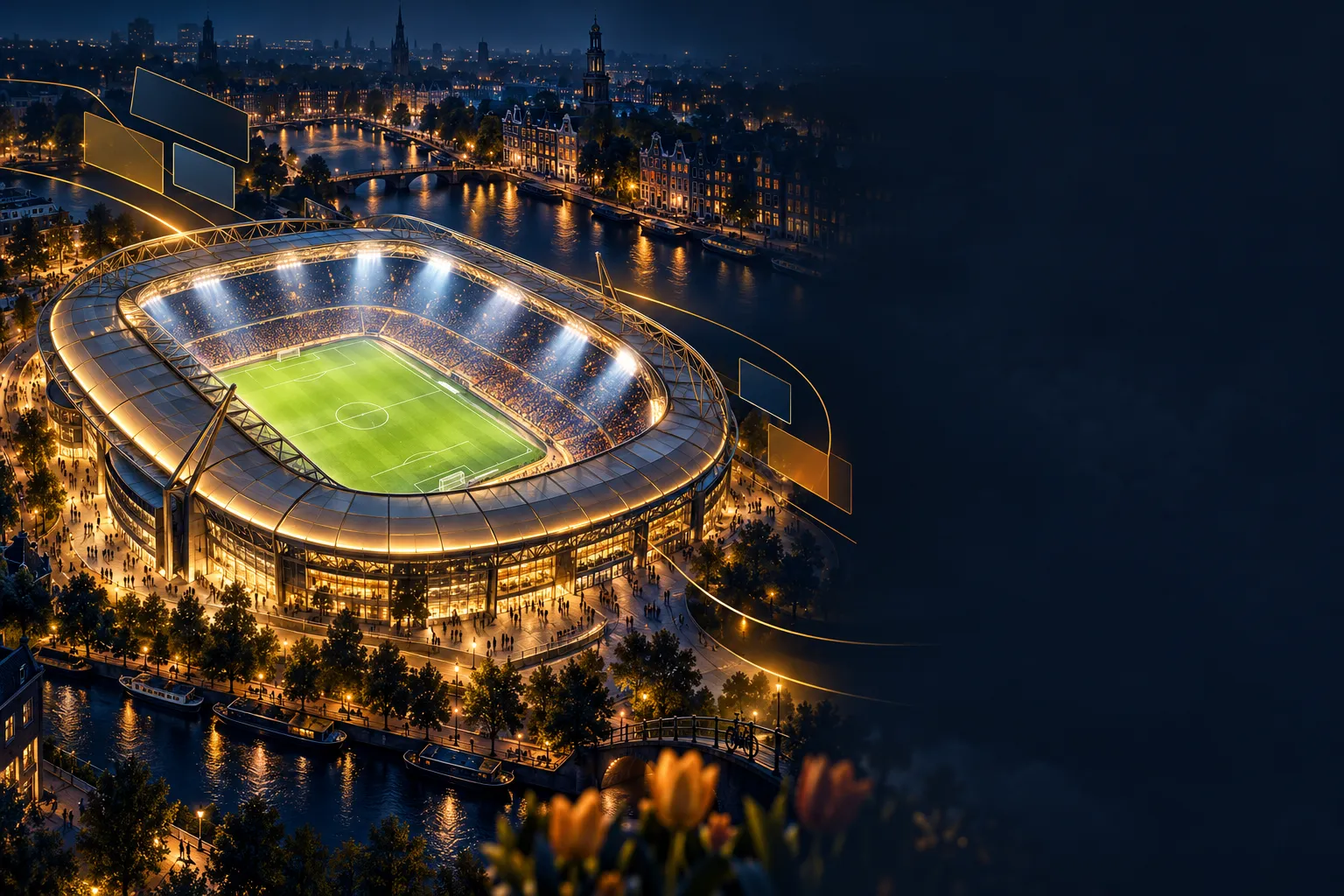 Aerial night view of a football stadium with abstract gold and blue odds panels, deep navy and rich gold tones, cinematic lig