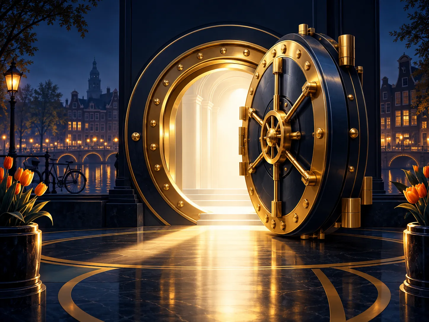 Minimalist open steel vault door with gold accents against a deep navy background with subtle Dutch design elements