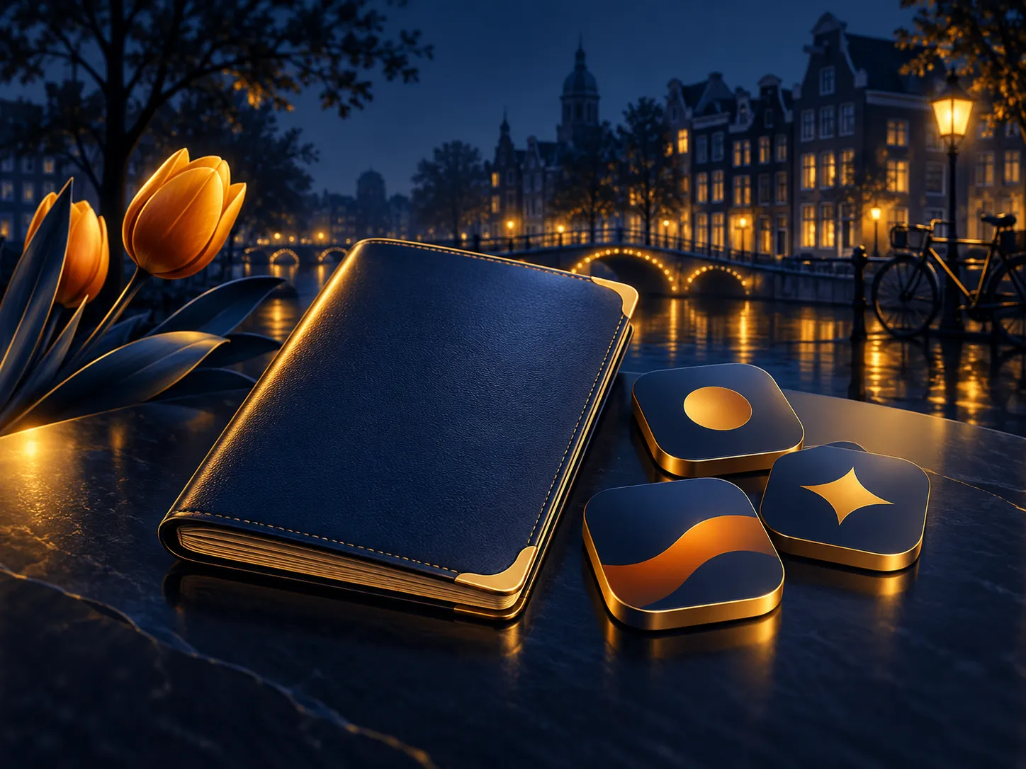 A passport beside minimal abstract app icons on a deep navy background with gold accents and subtle Dutch design cues
