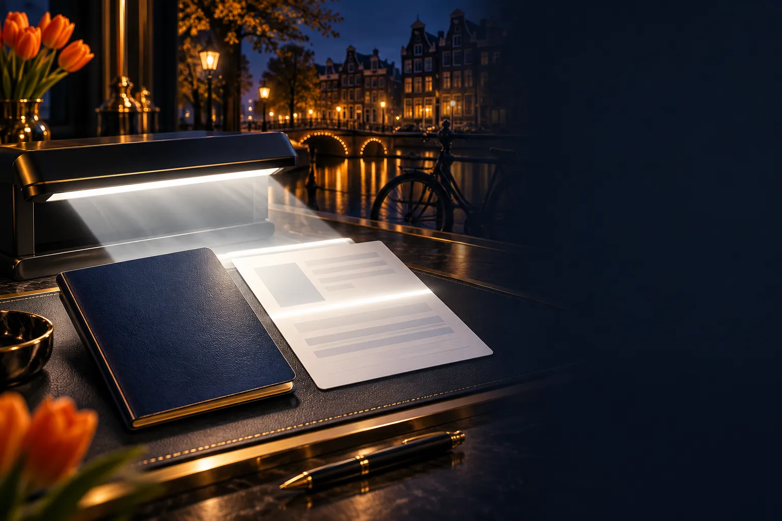 Abstract passport and account verification form on a dark desk illuminated by soft scanner light, gold accents, navy backgrou