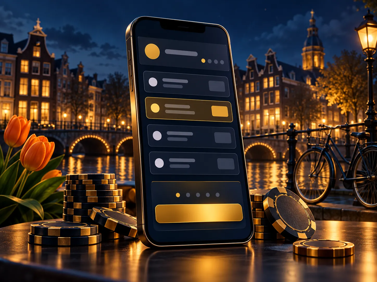 Luxurious semi-realistic illustration of a smartphone displaying an abstract betting slip, gold highlights on deep navy backg