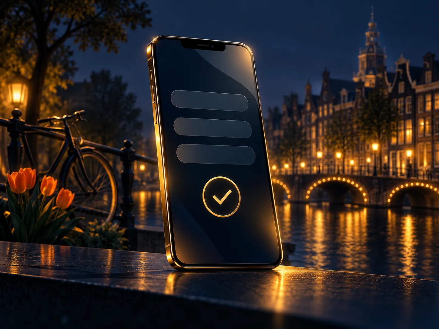 Minimalist illustration of a smartphone displaying an abstract form with a gold checkmark on a deep navy background with Dutc