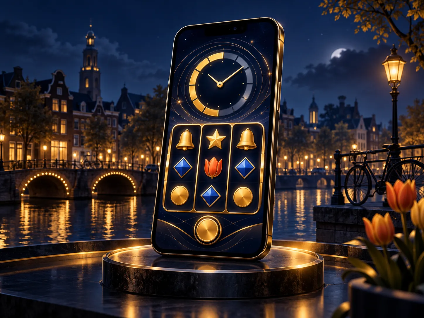 Luxury editorial illustration of a smartphone displaying an abstract slot game with a countdown timer, gold accents on deep n