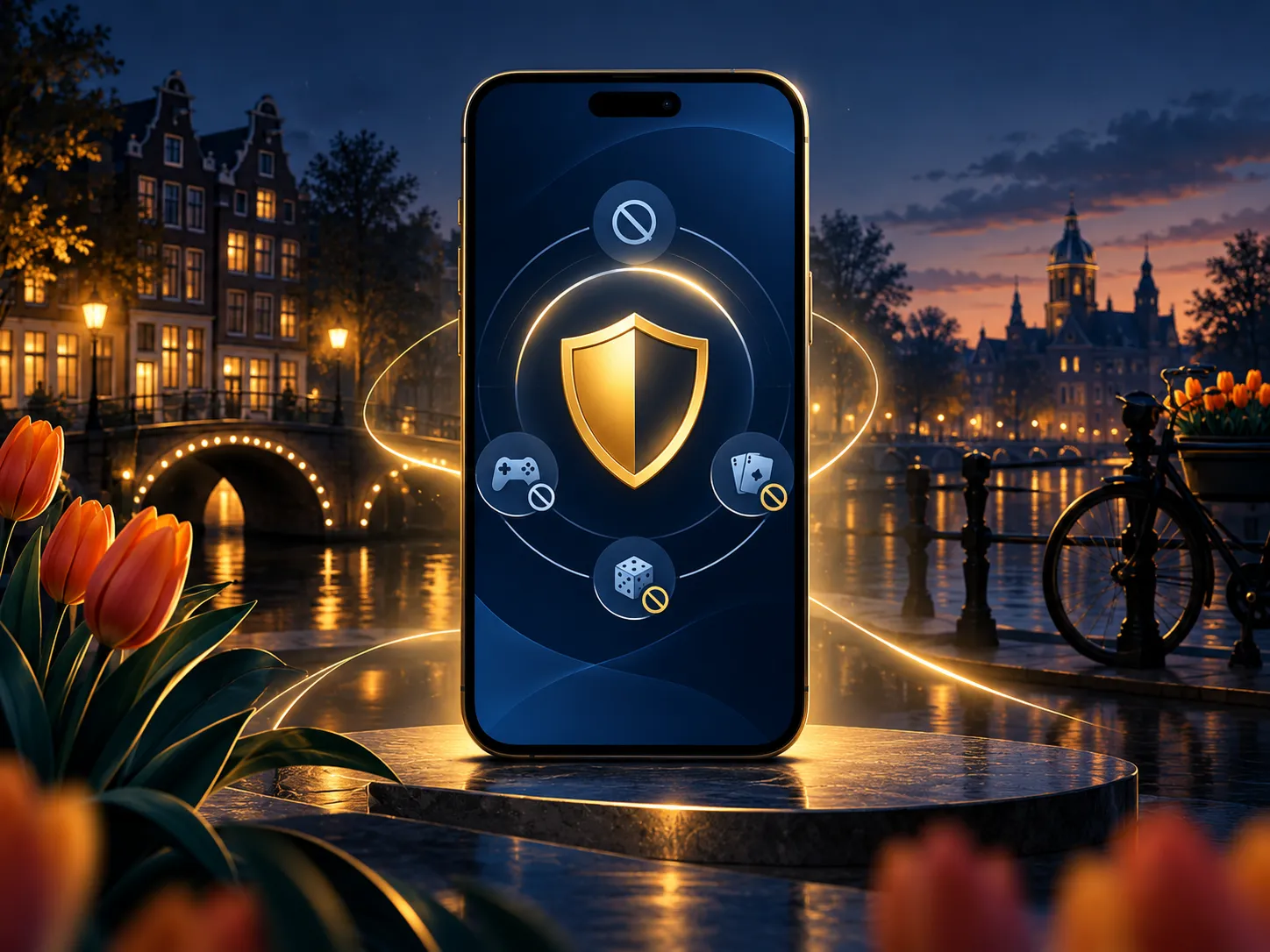 Abstract semi-realistic illustration of a smartphone displaying a protective shield icon, deep navy and gold palette with sub