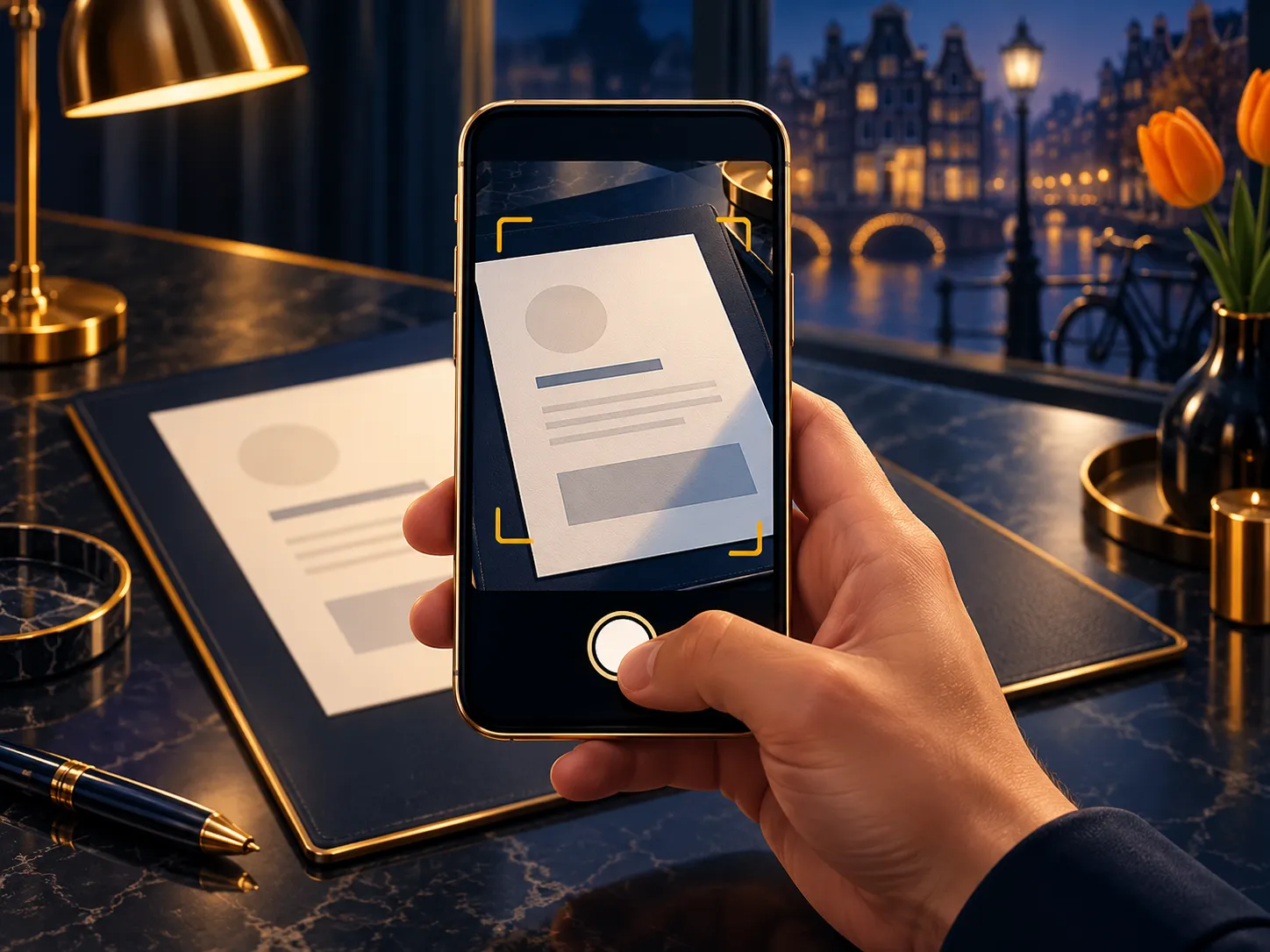 A sleek smartphone photographing a document, set against a deep navy background with gold highlights and subtle Dutch canal-h