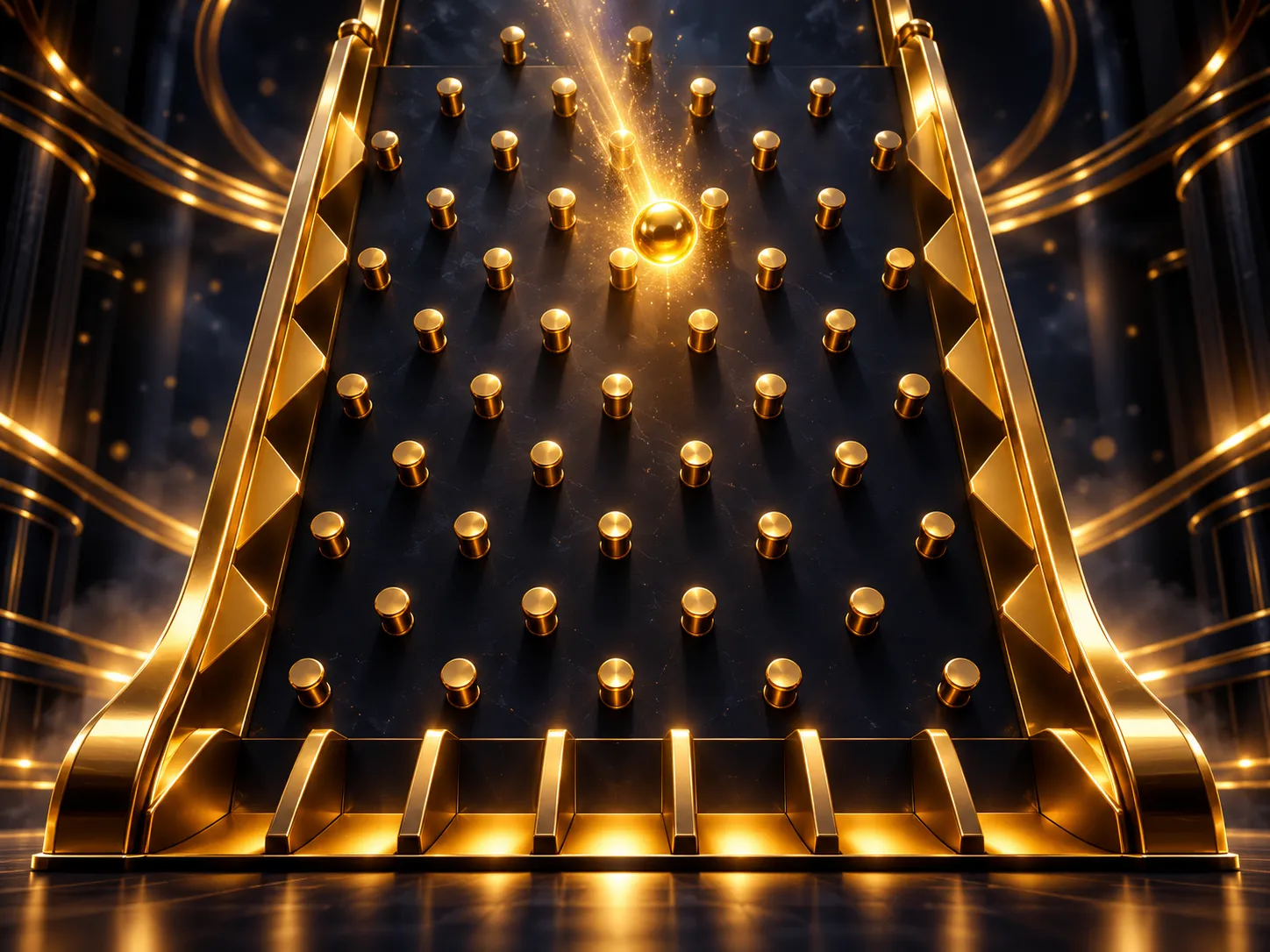 Glossy 3D Plinko board with gleaming golden pegs and a radiant glowing ball, dramatic cinematic lighting on dark navy backgro