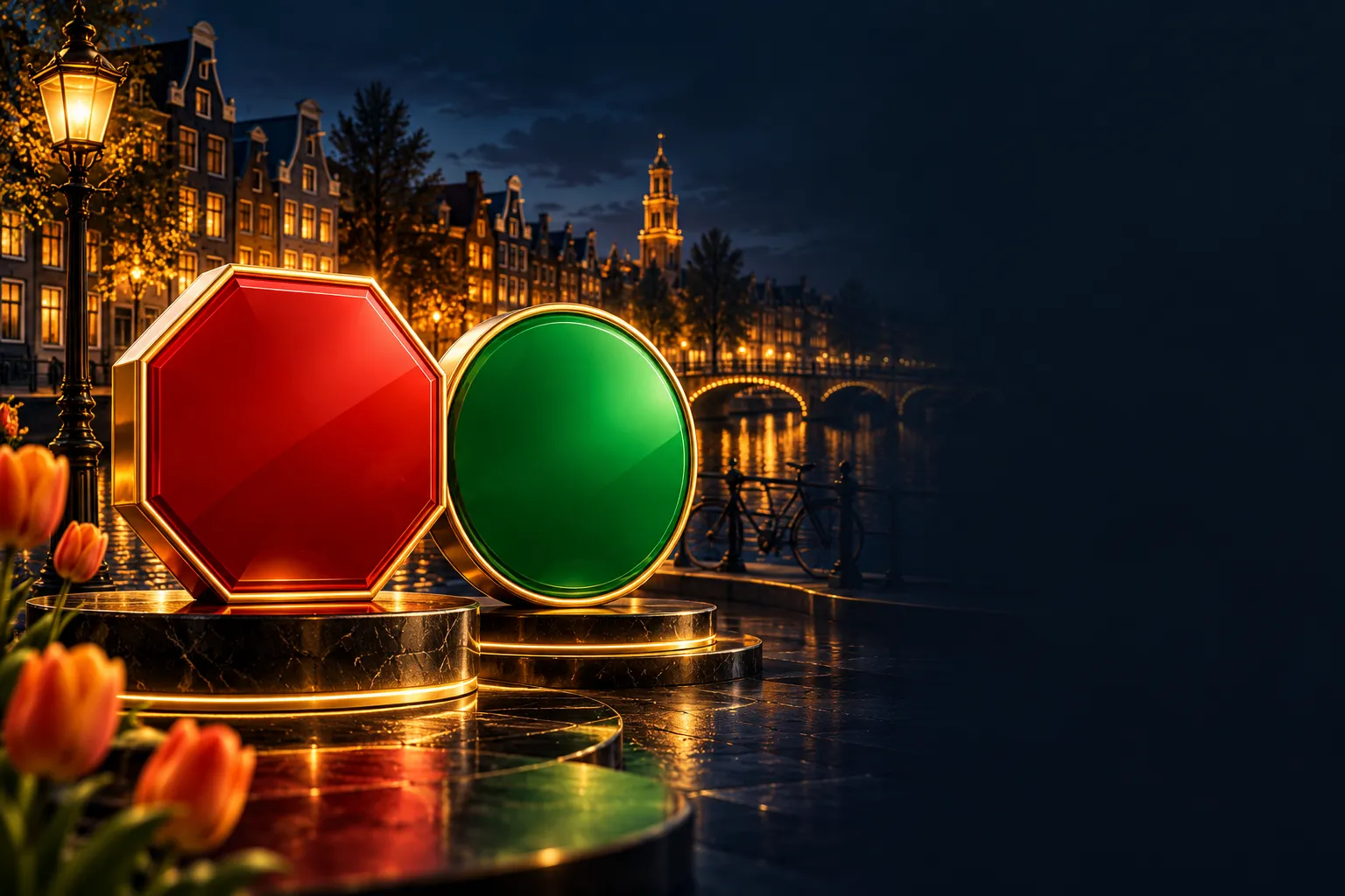 Red octagonal stop shape and green circular go shape side by side on deep navy background, symbolising a binary choice concep