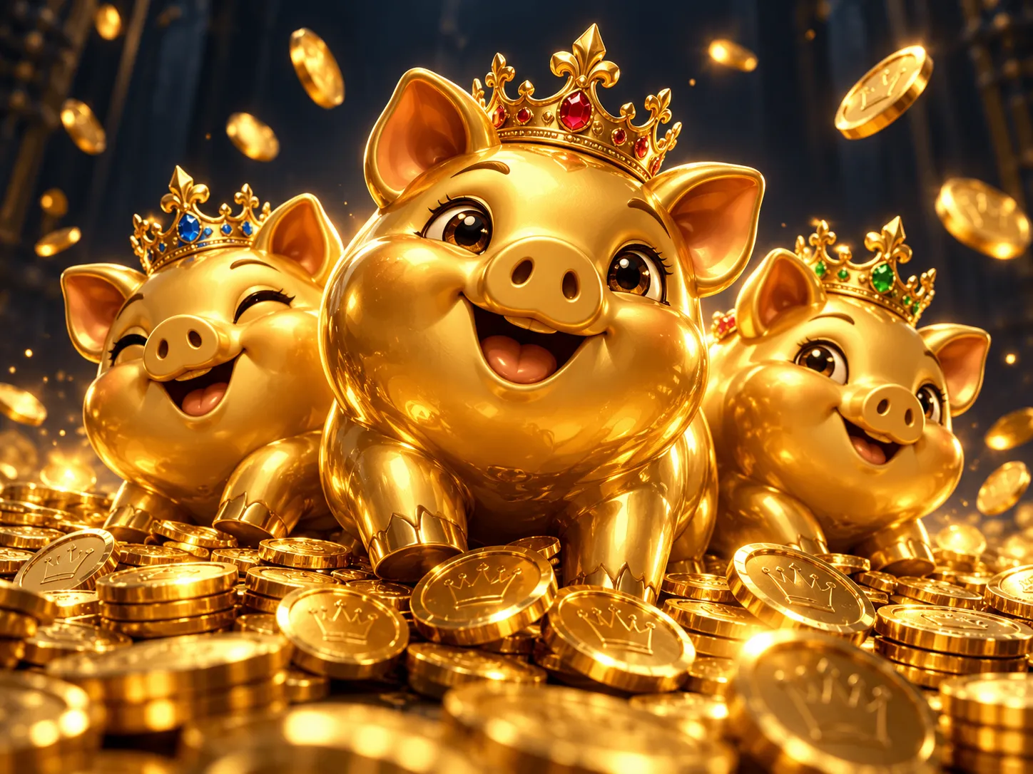 Three glossy 3D golden piggies wearing crowns surrounded by gleaming coins on a dark navy-charcoal background