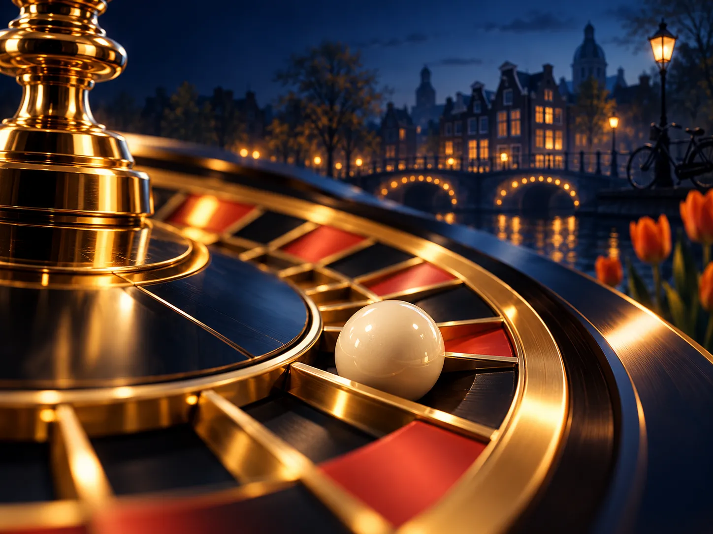 Close-up of a golden roulette ball resting on a spinning wheel, deep navy and gold tones with cinematic lighting