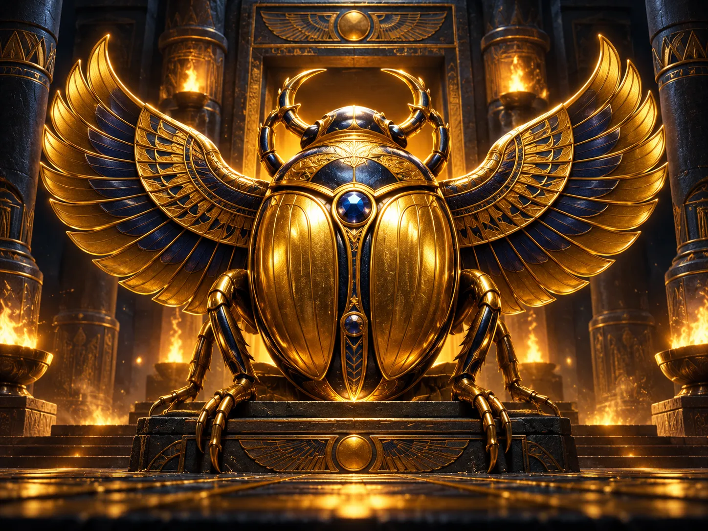 Giant golden scarab beetle centrepiece in a dark torch-lit ancient Egyptian temple with dramatic cinematic lighting