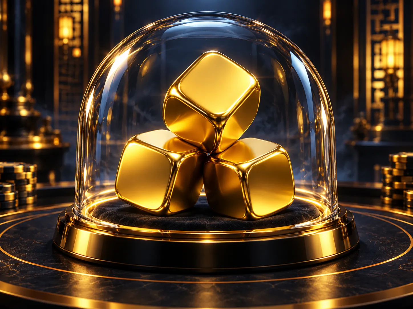 Three golden dice inside a gleaming glass dome on a dark navy table, dramatic cinematic lighting with warm gold accents and h