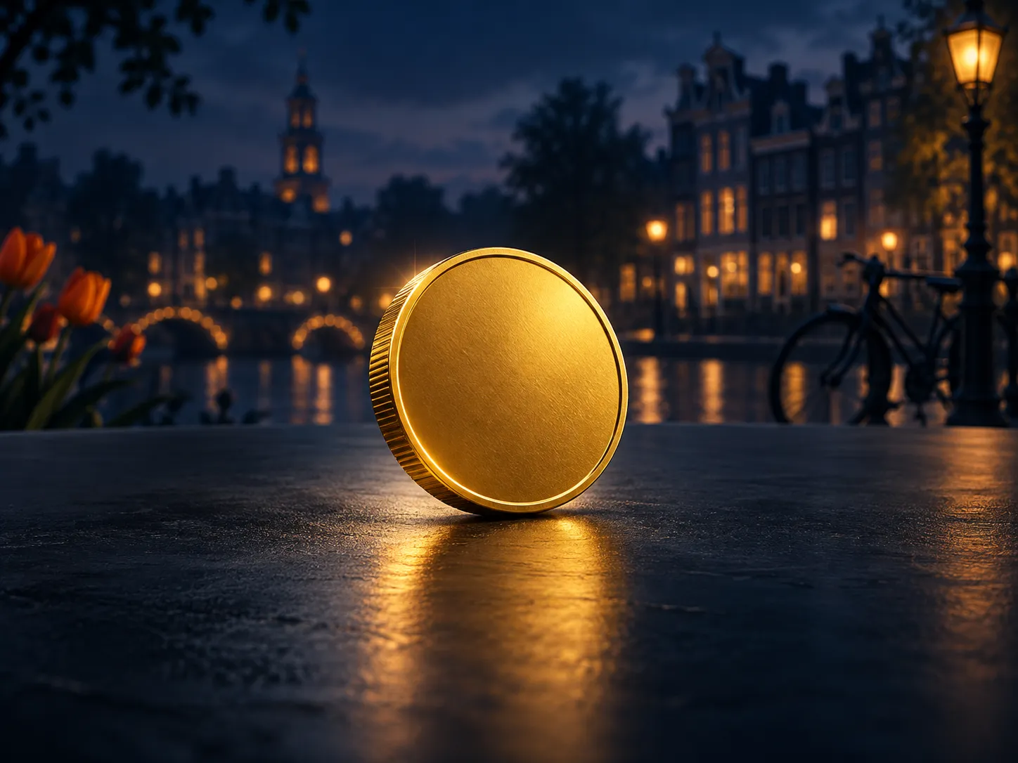 A single shimmering gold coin resting on a deep navy surface, lit with soft cinematic light and subtle gold highlights.