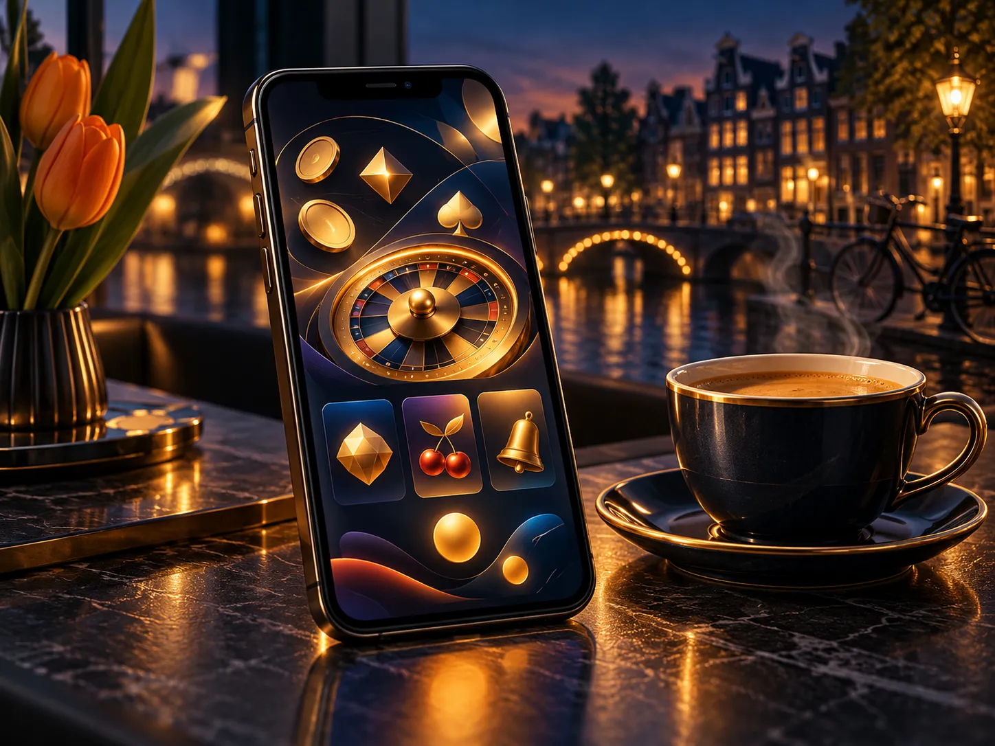 A sleek smartphone displaying an abstract casino interface beside a steaming coffee cup, bathed in warm gold light against a 