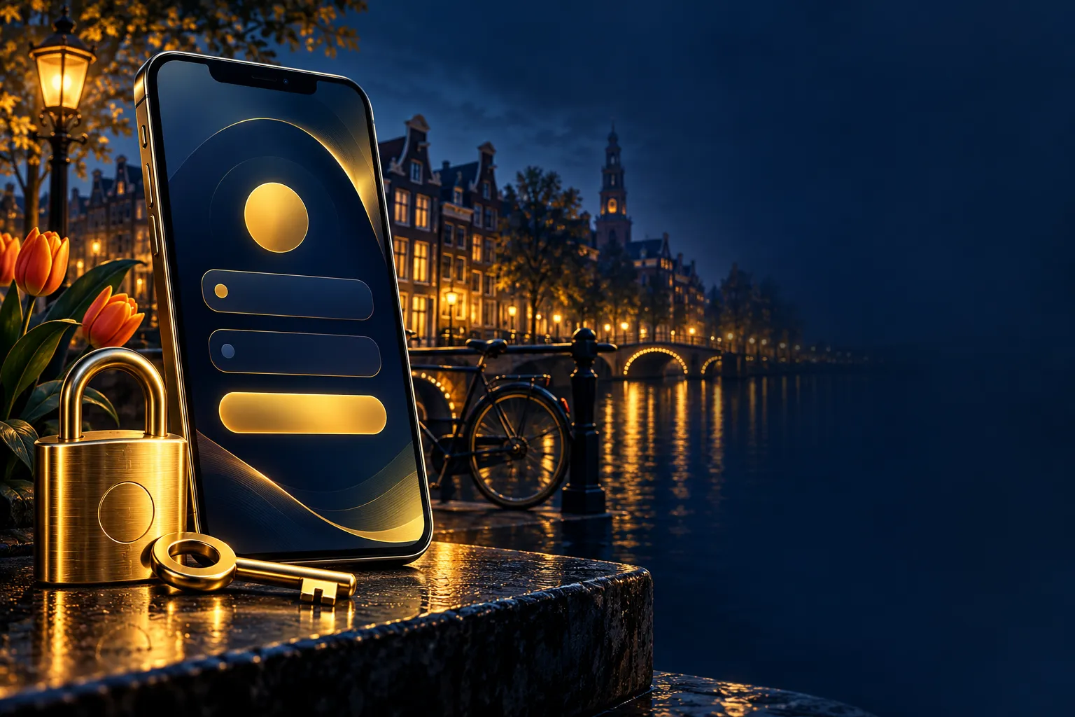 Premium dark navy and gold smartphone showing abstract login screen with ornate key and padlock on Dutch-inspired casino hero