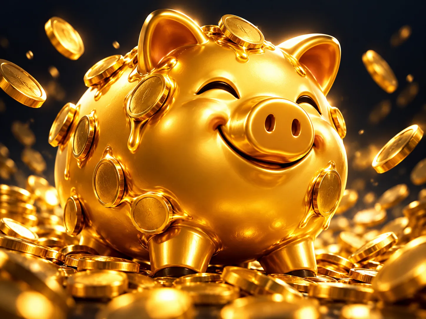 Chubby glossy golden piggy bank bursting with shimmering coins on a dark navy-charcoal background with dramatic warm lighting