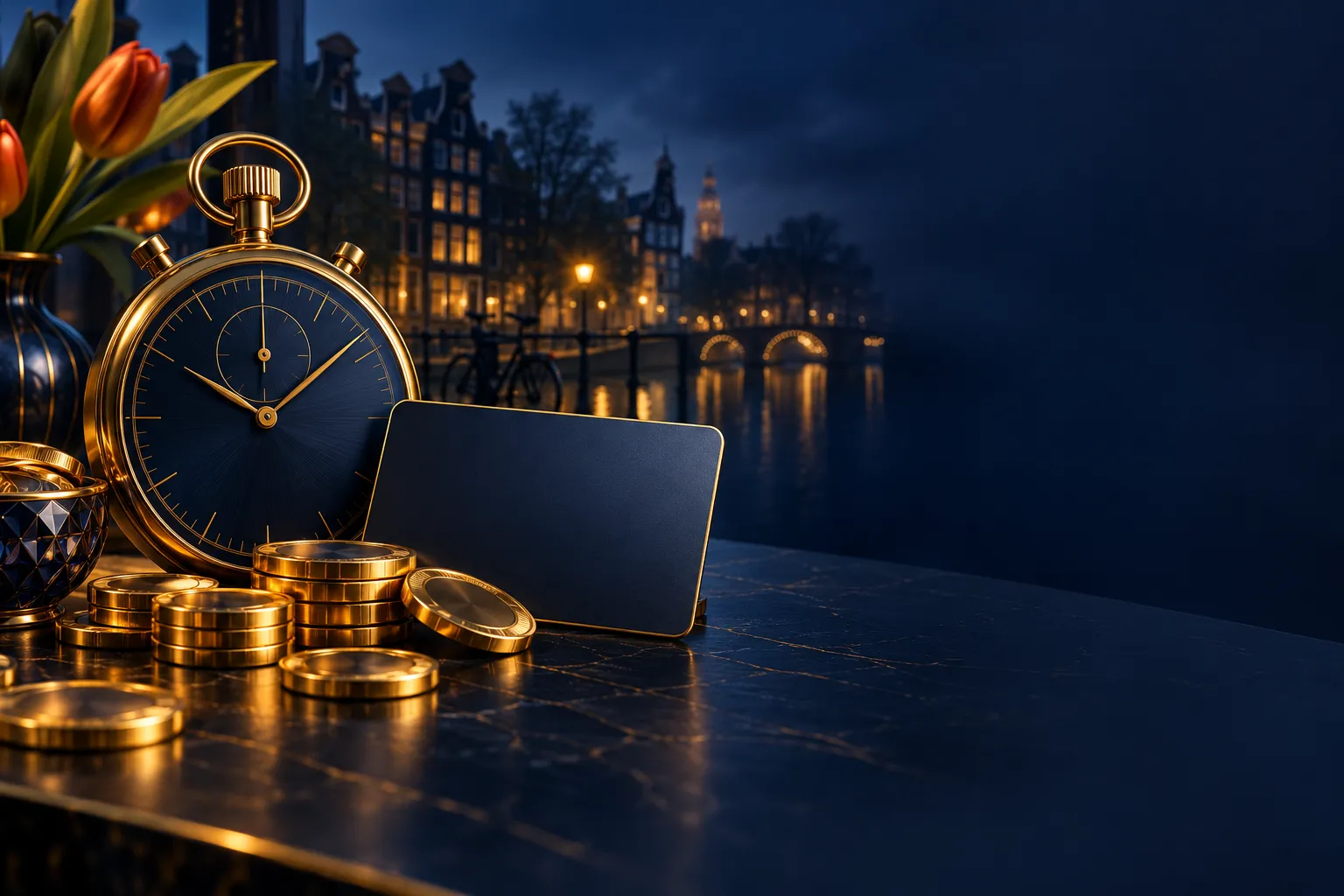 Stopwatch next to an e-wallet card and golden coins on a deep navy desk with gold highlights, Dutch casino editorial hero ban