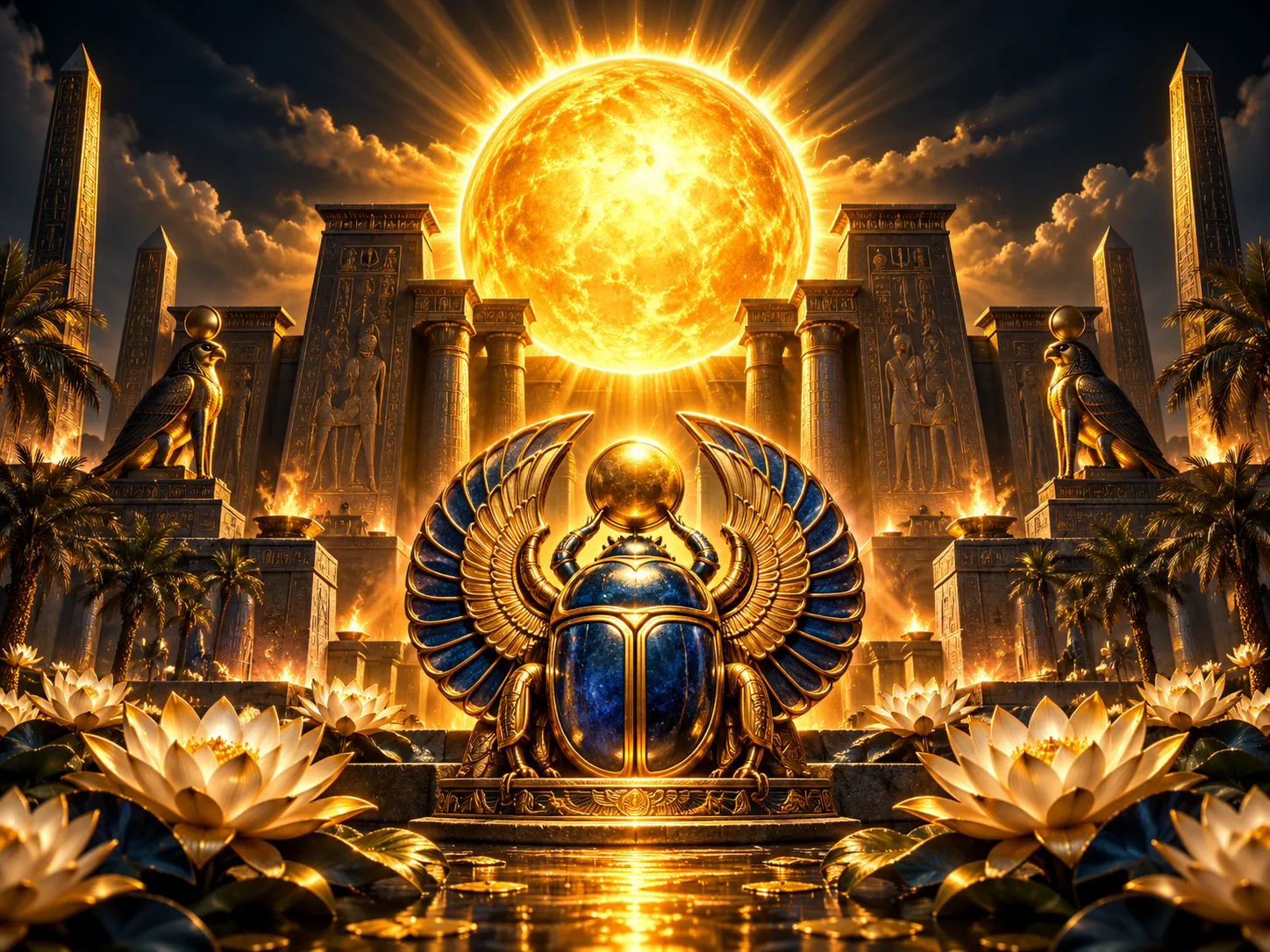 Glossy 3D golden sun disc over Egyptian temple with scarab beetle and lotus flowers, dramatic cinematic lighting on dark navy