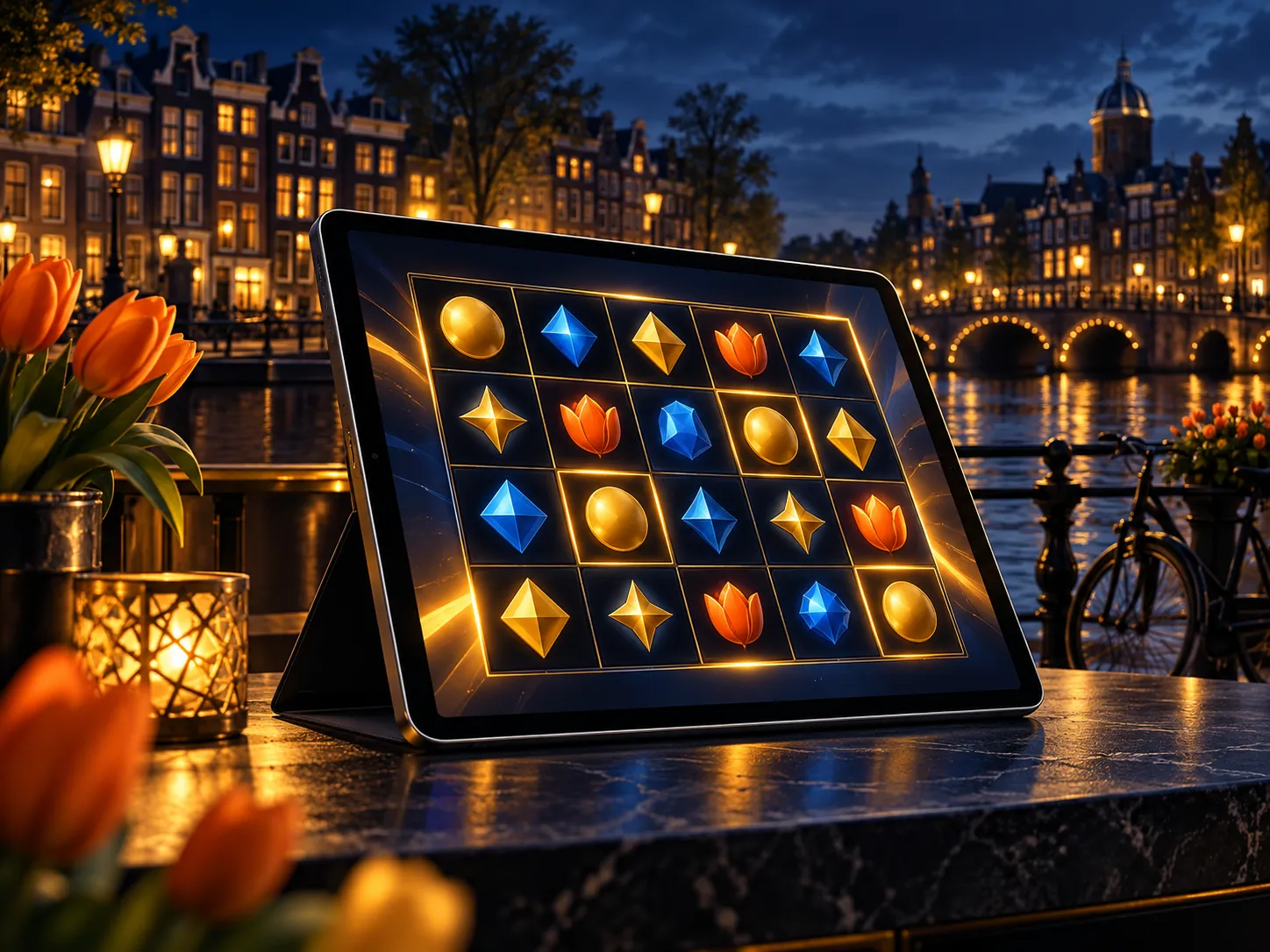 Luxurious digital illustration of a tablet displaying an abstract game grid, deep navy and gold palette with subtle Dutch can