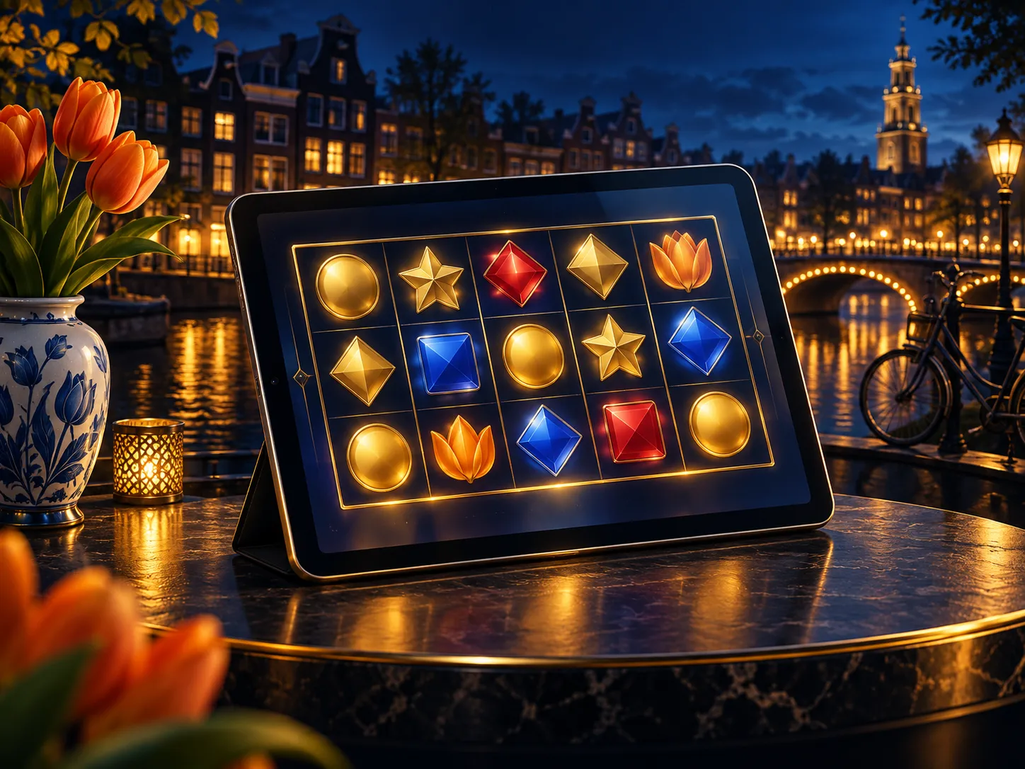 Luxury tablet displaying an abstract glowing game grid, deep navy and gold tones with subtle Dutch canal-house silhouette in 