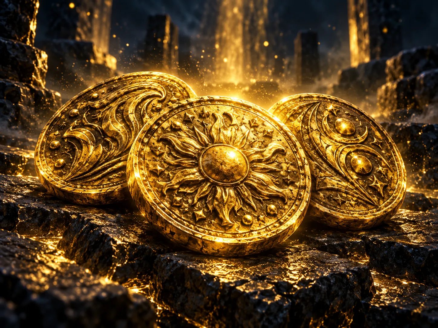 Three glowing ancient gold coins arranged on dark stone surface, dramatic cinematic lighting with warm gold accents on deep n