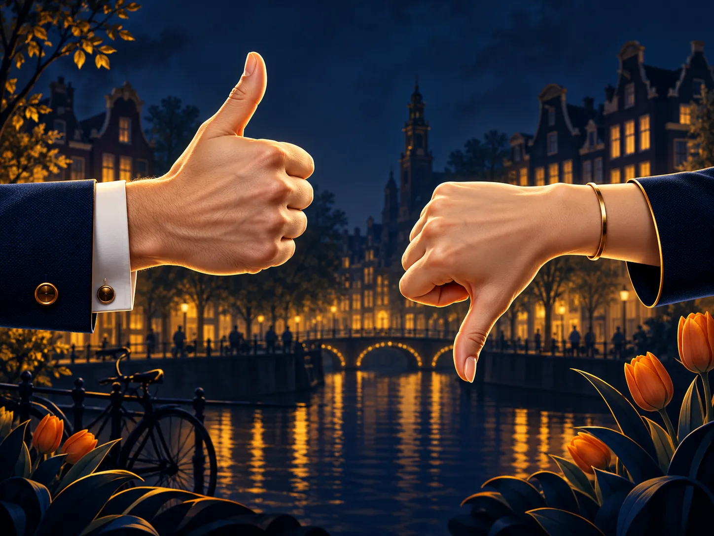 Minimalist gold and navy illustration of a thumbs up and thumbs down gesture with Dutch canal-house silhouette accents