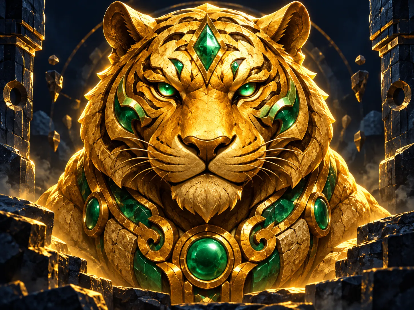 Majestic golden stone-carved tiger with jade green accents, dramatic cinematic lighting on dark navy-charcoal background