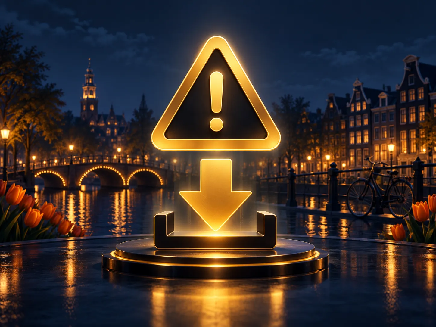 Minimalist warning triangle icon above a download arrow symbolising a fake APK threat on deep navy background with gold accen