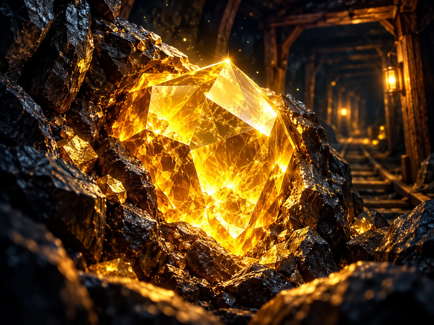 Dramatic glowing gold gemstone centred in a dark mine shaft, warm gold light radiating outward against deep navy-charcoal bac