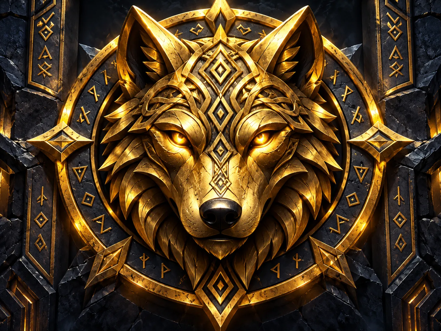 Glossy 3D golden viking wolf emblem centred on dark navy-charcoal background etched with ancient runes, dramatic cinematic li