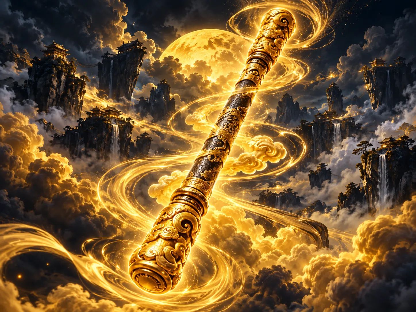 Dramatic 3D render of a glowing golden monkey king staff rising through swirling clouds against a dark navy-charcoal sky with