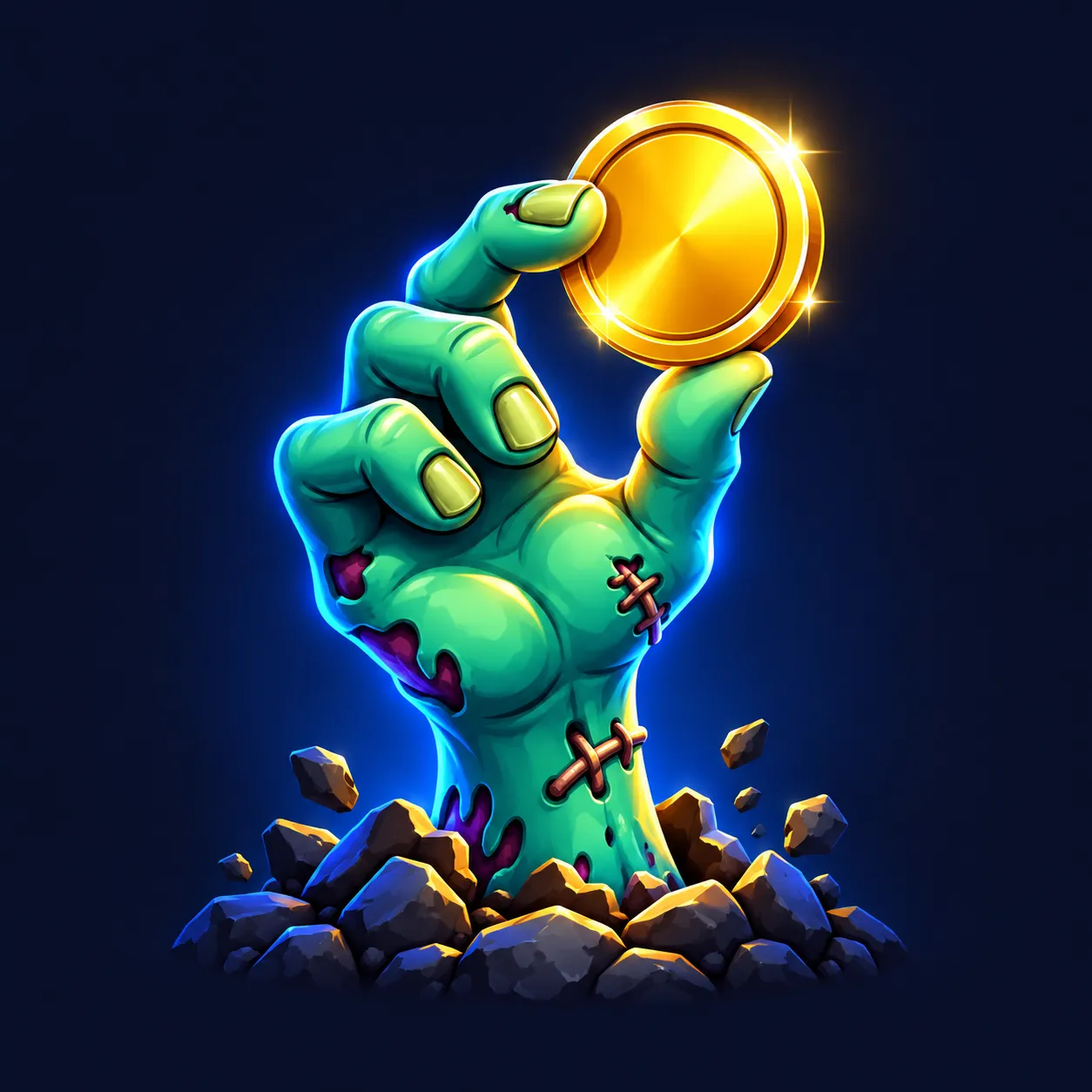 Friendly cartoon zombie hand holding a shiny gold coin with blue glow effect, glossy vector casino emblem on deep navy backgr